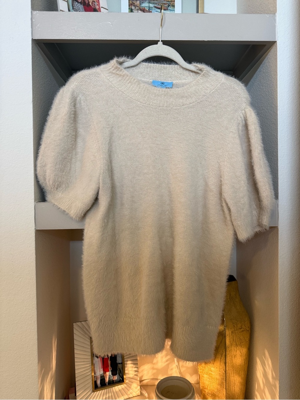 CeCe Soft Cream Puff-Sleeve Crewneck Sweater